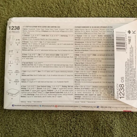 Simplicity Pattern #1238 Ellie the Stuffed Elephant with Clothes & Carrying Case - Picture 2 of 3